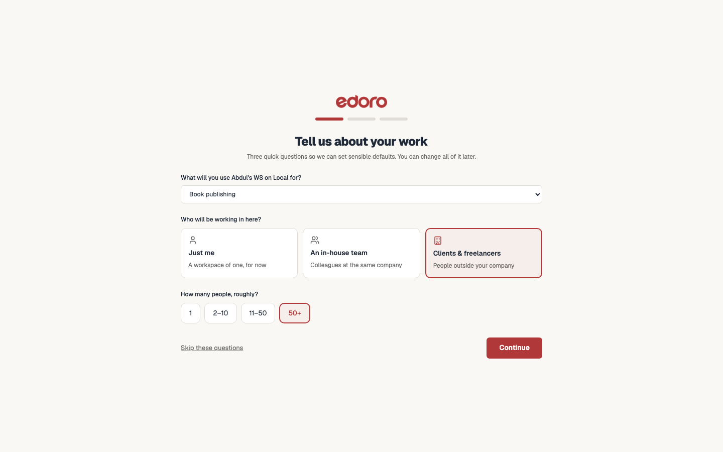 Onboarding wizard step 1: three questions about industry, team type, and team size