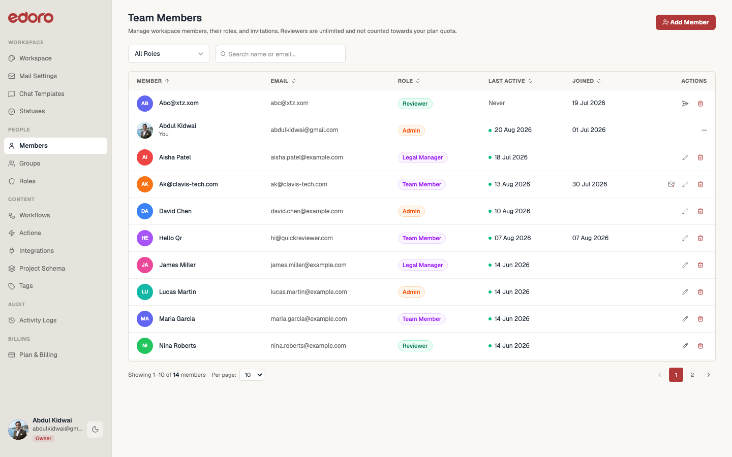 Team Members page — a pending member's row shows a send icon in Actions instead of edit/delete